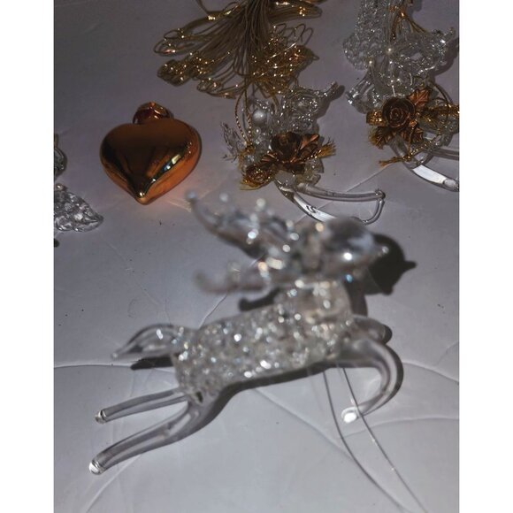 Set Of 8 Handcrafted Glass Christmas Ornaments - Reindeer Angels Heart & Gold Wi - Picture 4 of 12